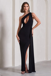 Black One Shoulder Drape Maxi Dress